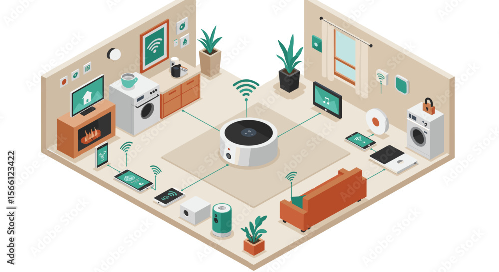 Poster smart home devices and automation network vector illustration in isometric style for tech concept an