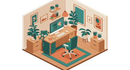 Cozy home office vector illustration for interior design inspiration in isometric style