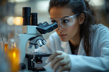 A Female Scientist Using a Microscope to Examine Test Tubes in a Laboratory