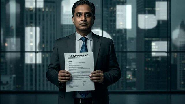 Serious man in suit holds a "layoff notice" with city backdrop, reflecting job insecurity