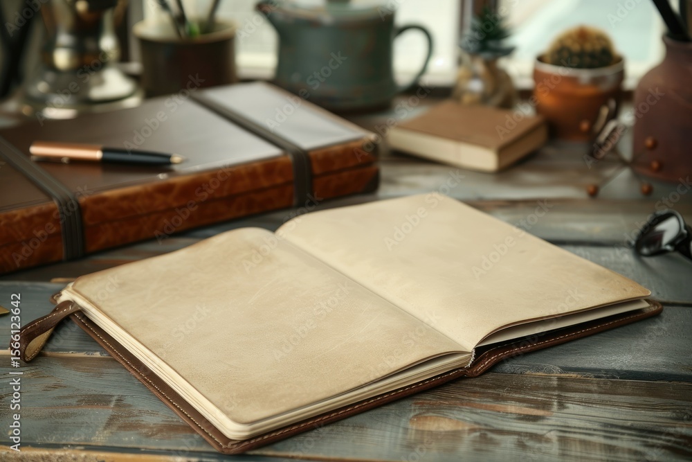 Poster ultra quality image of creative workspace with blank notebook