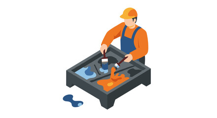 Naklejka premium Industrial worker painting isometric vector illustration for manufacturing design and print