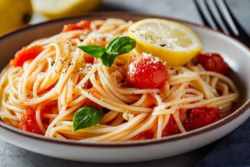 Delicious fresh spaghetti pasta with tomato sauce, garnished with parsley and lemon slice, showcasing vibrant Mediterranean flavors and homemade comfort food style