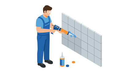 Naklejka na ściany i meble Home renovation expert in action: tile installation vector illustration for design and print in isometric style