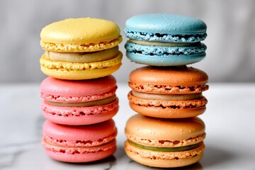 Colorful stacked French macarons with smooth creamy filling, elegant and playful dessert concept representing luxury, sweetness, and joyful celebration