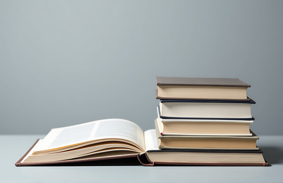 stack books sits alongside open book neutral gray surface distracting elements