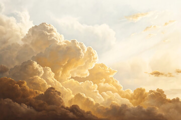 Majestic cumulonimbus clouds illuminated by golden hour sunlight in a dramatic sky