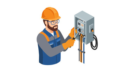 Electrical technician working on control panel vector illustration - isometric style for technical manuals and educational materials