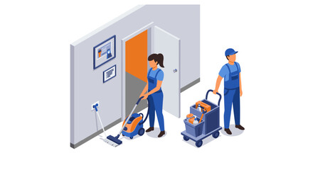 Professional cleaning team vector illustration: modern office maintenance design in isometric style