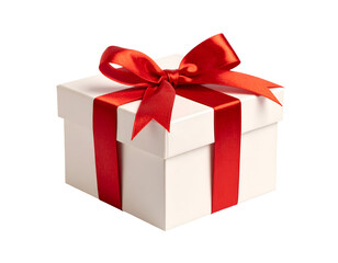Obraz premium An elegant white gift box tied with a bright red ribbon, symbolizing joy and thoughtful giving.