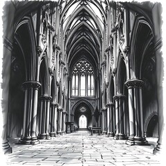 Monochrome sketch of a gothic cathedral interior, deep perspective, ornate arches and stained glass outlines, dramatic shadows, chiaroscuro technique, ink and graphite texture