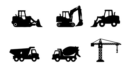 Silhouette construction vehicles including bulldozer excavator dump truck and cement mixer crane set