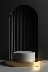 Gold and White Cylindrical Display Platform Dark Draped Archway Background
