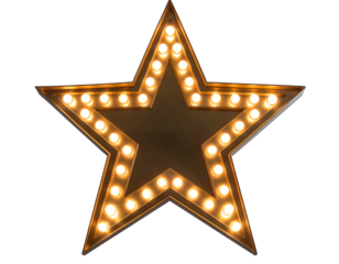 A radiant golden star sign adorned with numerous glowing bulbs shines brightly.
