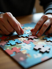 Fototapeta premium person carefully assembles jigsaw puzzle bright lighting examining piece placing