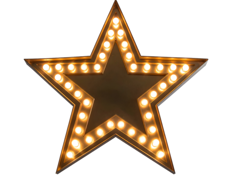 A radiant golden star sign adorned with numerous glowing bulbs shines brightly.