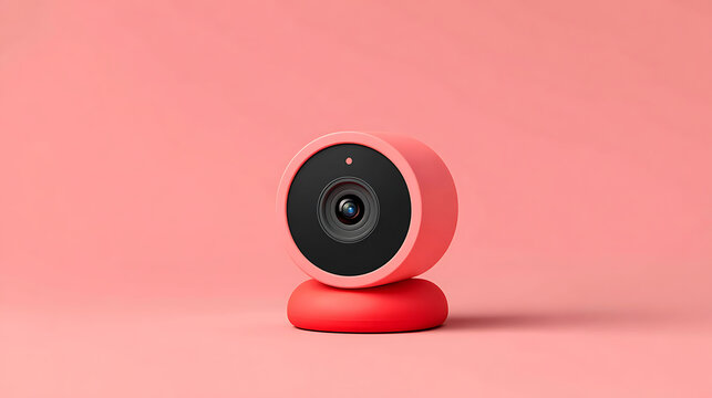 Modern red webcam on pink background for video calls, conferencing, and streaming needs in digital communications.