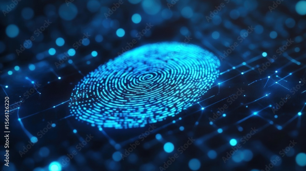 Aufkleber a glowing blue digital fingerprint scanning on a futuristic interface, symbolizing biometric securit