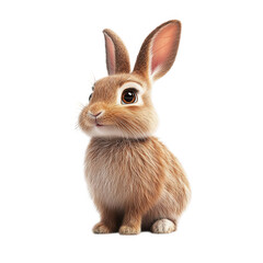 Adorable fluffy brown bunny rabbit with large expressive eyes sitting attentively on a transparent background isolated on transparent background