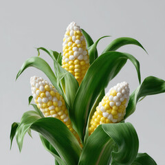 Obraz premium Three ears of bi color corn nestled among lush green leaves against a light background