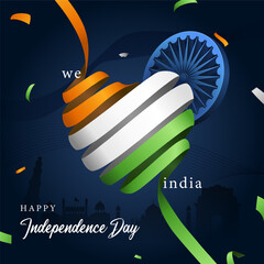 happy independence day creative social media post design with tricolor ribbons heart and ashoka chakra on blue background