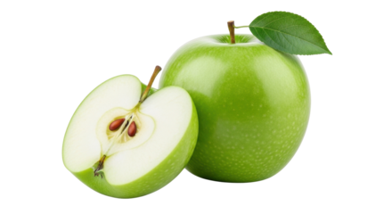 Fresh green apple and a half of apple food isolated PNG with Transparent Background