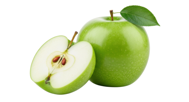 Fresh green apple and a half of apple food isolated PNG with Transparent Background