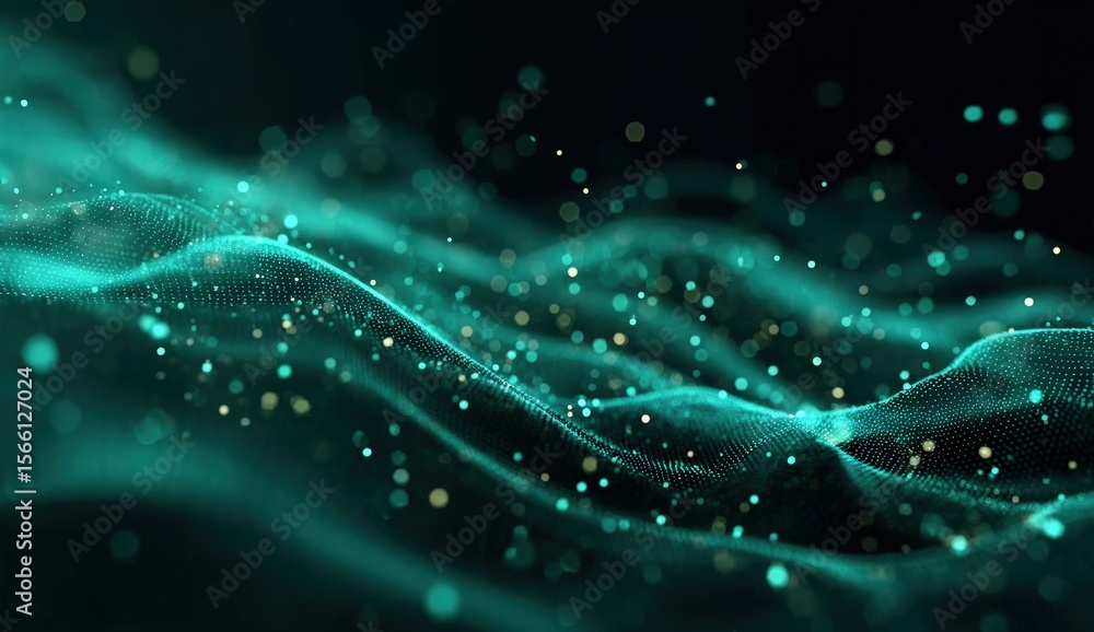 Aufkleber abstract digital wave composed of glowing turquoise particles and dots flowing smoothly against a da