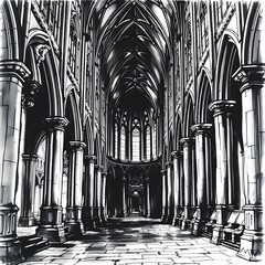 Monochrome sketch of a gothic cathedral interior, deep perspective, ornate arches and stained glass outlines, dramatic shadows, chiaroscuro technique, ink and graphite texture