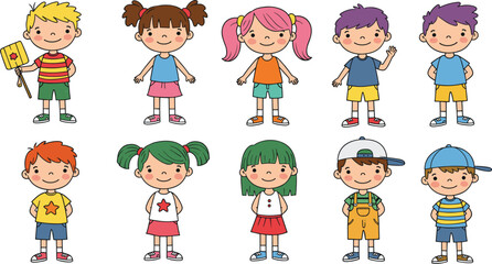 Cartoon group of cute kids, boys and girls, colorful outfits, happy faces, standing, smiling, playful characters, isolated on white background flat vector illustration