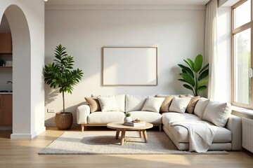 Serene minimalist living space, featuring a neutral color palette, natural light, and carefully curated essentials Simple decor highlights functionality and calm atmosphere , plants, style, modern