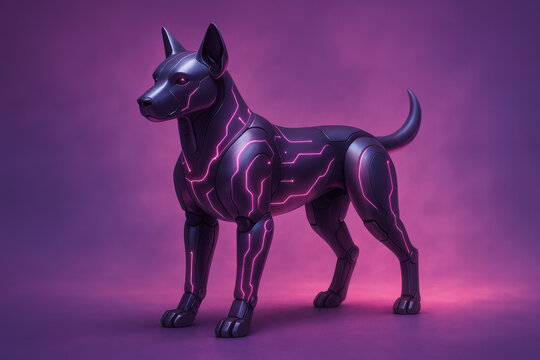 Cybernetic Canine Sentinel: A sleek, dark robotic dog with glowing pink circuitry stands vigilant, its sharp eyes radiating a futuristic power against a gradient purple backdrop.