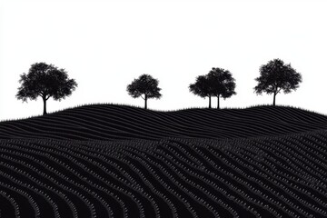 Dark silhouettes of trees on rolling hills create a striking contrast against a white sky in a serene landscape at dusk time