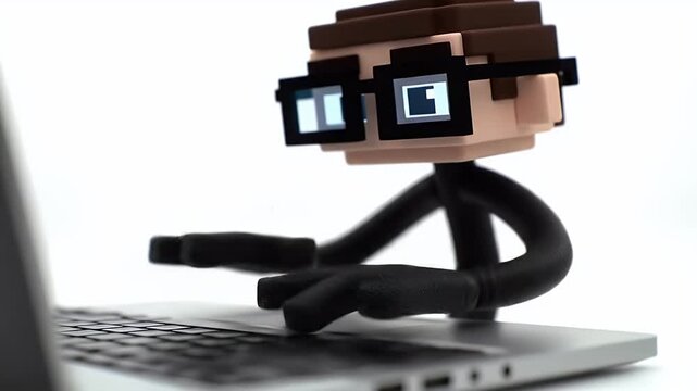 Stylized figure using laptop computer on white background