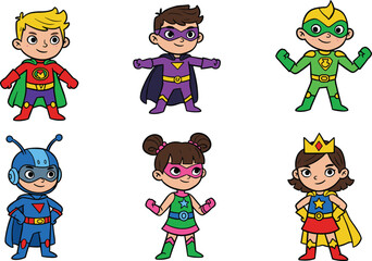 Cartoon superhero kids, boys and girls in colorful capes, masks, costumes, standing in heroic poses, isolated on white background flat vector illustration