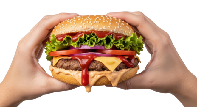 Juicy cheeseburger held in two hands isolated PNG with Transparent Background