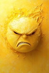 Bright yellow sphere with an angry face protruding from a wall, showing intense emotion and intricate texture during a midday illumination