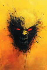 Dark and intense artwork featuring a menacing face with glowing eyes against a vivid yellow background