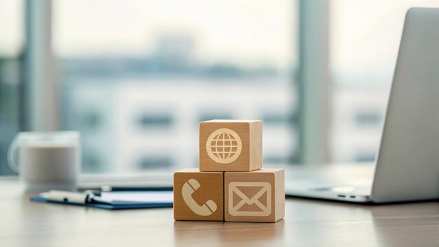 Defocused office setting with support hotline concept using icon cubes and digital tools
