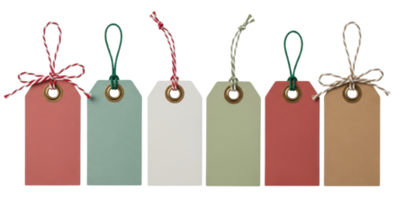 Row of blank gift tags with colorful strings and bows isolated PNG with Transparent Background