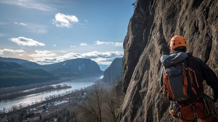 Climber on rocky outcrop scenic view