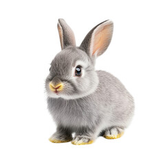 Adorable fluffy grey baby rabbit with big ears and bright eyes sitting on a transparent background isolated on transparent background
