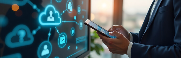 businessperson uses tablet computer connected network utilizes cloud computing associated online