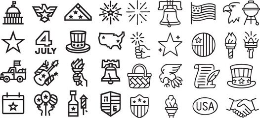 Obraz premium Independence Day icon set with 36 black patriotic symbols for 4th of July events, flags, and celebrations