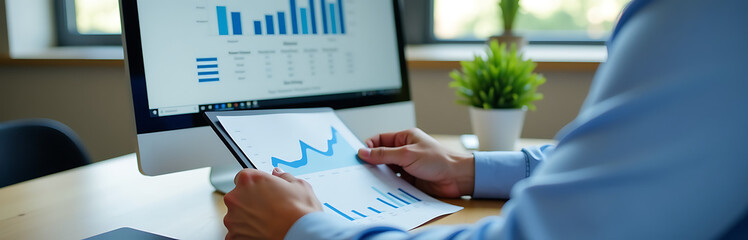 businessman uses spreadsheet desktop computer blue graphs analyze data make informed decisions