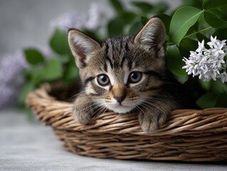 Obraz premium Curious Tabby Kitten Peeking Out from Vintage Wicker Basket with Flowers
