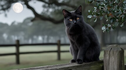 Fototapeta premium Elegant Black Cat Sitting Regally on Rustic Wooden Fence