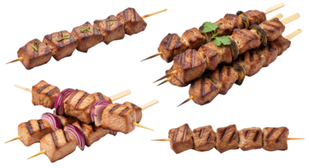 Grilled meat kebabs or shashliks on skewers isolated PNG with Transparent Background