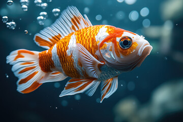 Fototapeta premium Orange and White Koi Lost in the Dark Sea