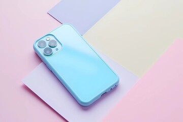 Blue and pink pastel color of phone case on colorful background with copy space